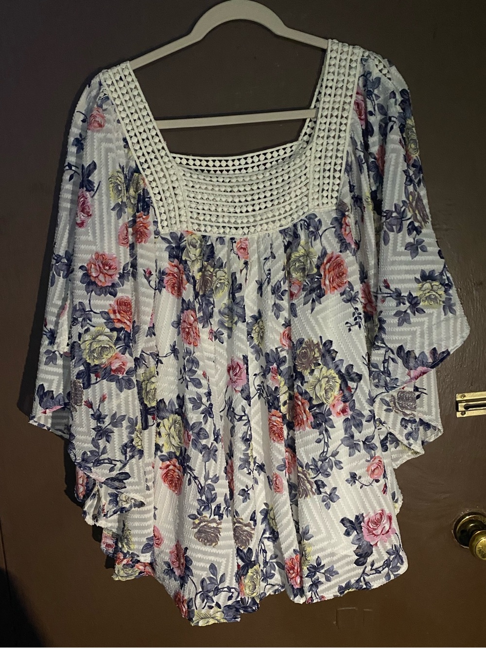 Chelsea & Theodore White Floral Crochet Yoke Tunic